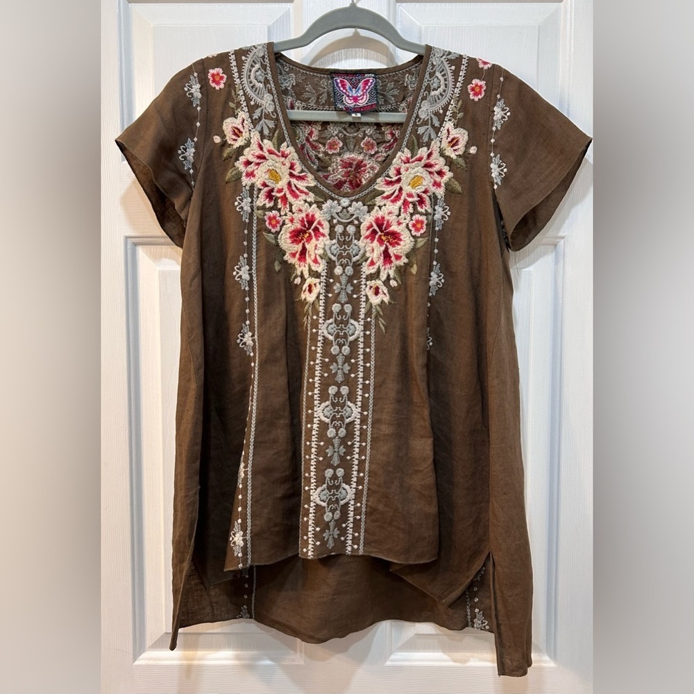 Johnny Was 100% Linen Heavily Embroidered Rustic Boho Tunic Top Sz s